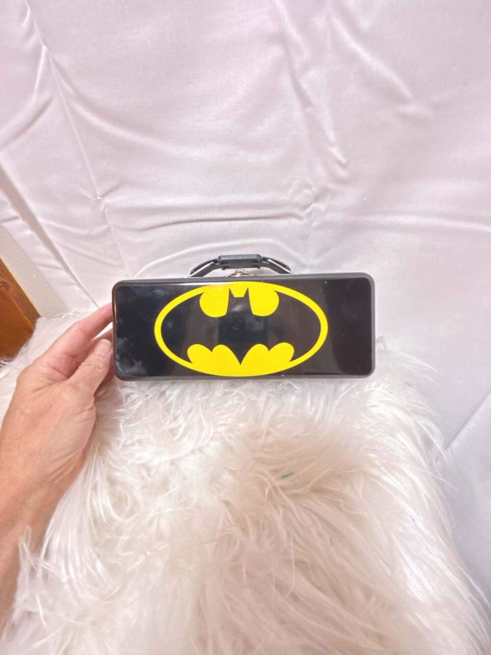 DC Comics Batman Tin Pencil Case Storage Box Black Yellow Logo With Handle